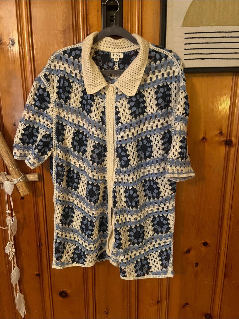 POL Crochet Short-Sleeve Cardigan in Blue and Cream